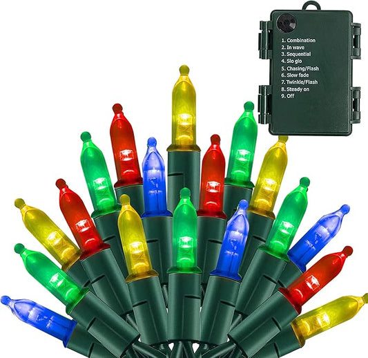 NEROSUN Multi-Colored Battery Operated Christmas Lights, 50 LED 16FT Waterproof String Christmas Tree Lights with 8 Modes, Xmas Decorations for Indoor Outdoor Yard Wedding Home Decor