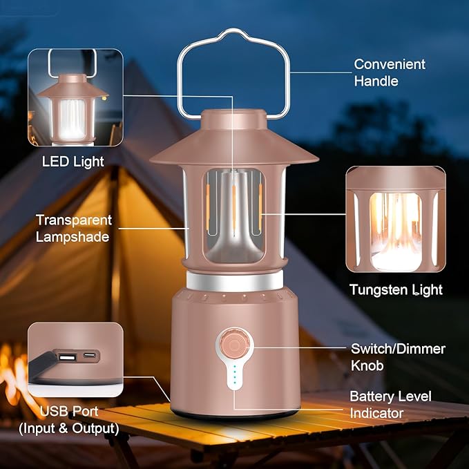 Telescopic LED Camping Lantern, 8000mAh Battery Powered Vintage Camping Lights, 3 Light Modes, Stepless Dimming Tent Lights, Portable Emergency Light for Power Outages, Outdoor Work, Hurricane, Hiking