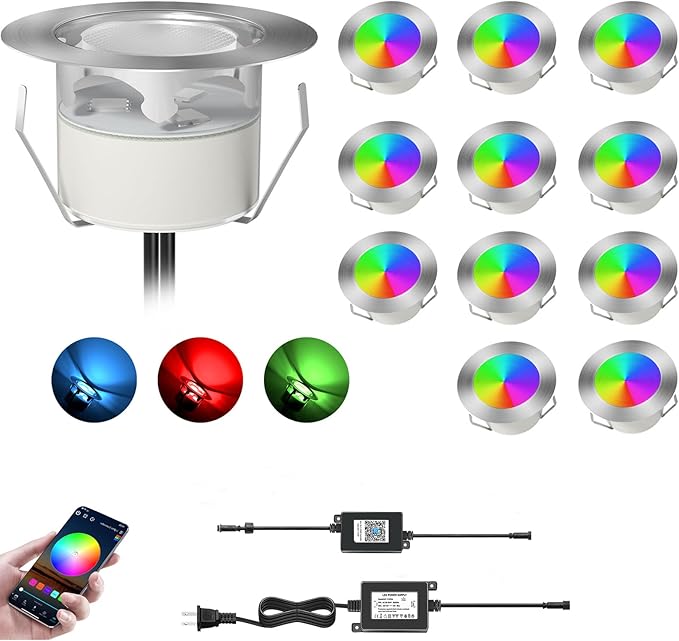 LED Deck Lights Kit,12pcs Φ1.78 Dimmable WiFi-Control Low Voltage Recessed RGB LED Landscape Step Light Waterproof Outdoor Yard Garden Patio Deck Railings Lighting,Fit for Alexa,Google Home