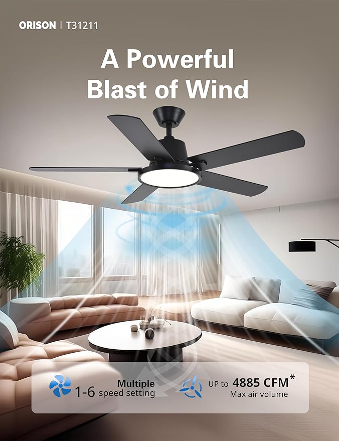 Orison Ceiling Fans with Lights, 52 inch Low Profile Ceiling Fan with RGB Backlight, Flush Mount Ceiling Fan with Remote and App Control,White Bedroom Fan, 6 Speeds, 5 Reversible Blades (Black)