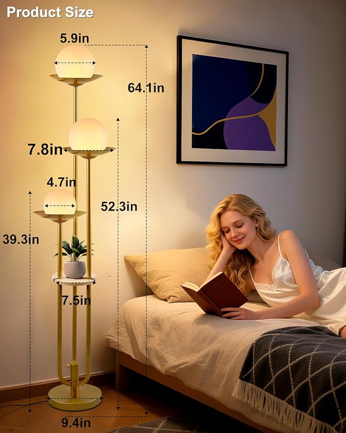 Lightdot 63IN Globe Floor Lamp with Shelf 3-Lights Modern Gold Dimmable Floor Lamps with Bulbs Included for Wedding/Party, Tall Standing Lamp for Living Room/Bedroom/Sofa Beside/Corner Decor