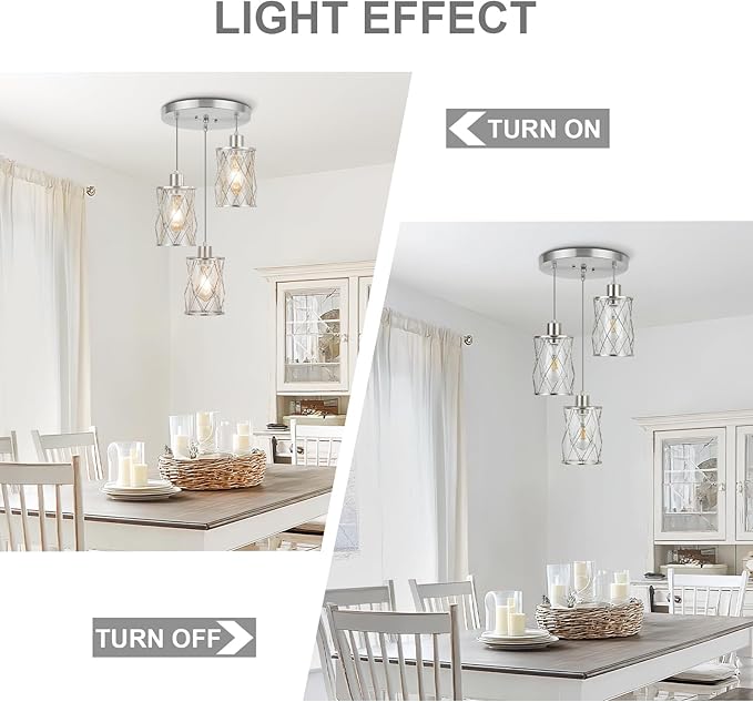 Refice 3-Light Pendant Lights Kitchen Island, Brushed Nickel Kitchen Cluster Hanging Pendant Lights with Clear Glass, Modern Cage Chandelier Light Fixture for Sink Dining Room Bedroom Bar