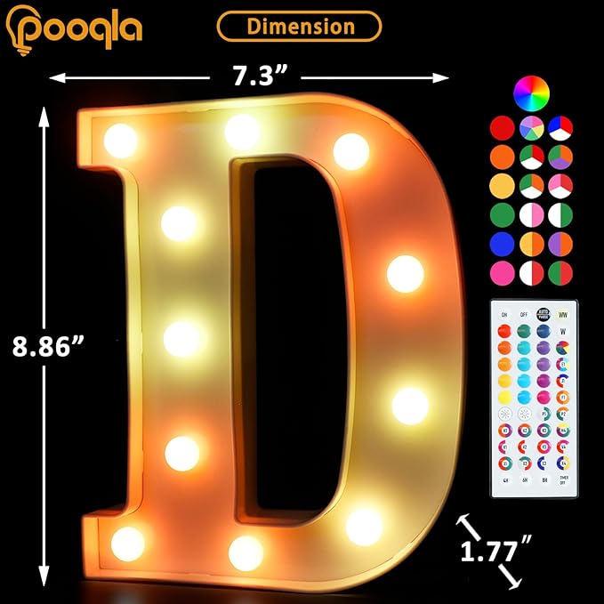 Pooqla Colorful Light Up Letters with Remote, Upgraded 35 Colors LED Marquee Letters, RGB Lighted Letter for Girls Teenager Gift, Birthday, Party, Wedding, Night Light, Room, Bedroom Decor, Letter D