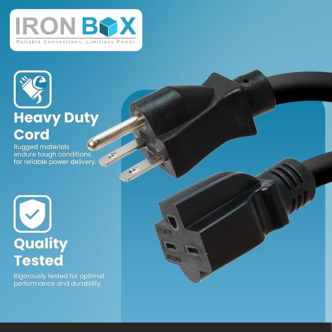 IronBox Electric - NEMA 6-15 Adapter Extension Power Cord - Rated for 15A/250V - 14 AWG Jacket - Heavy Duty Extension Cable - Weatherproof Design - Ideal for Indoor and Outdoor Use (15 feet, Molded)