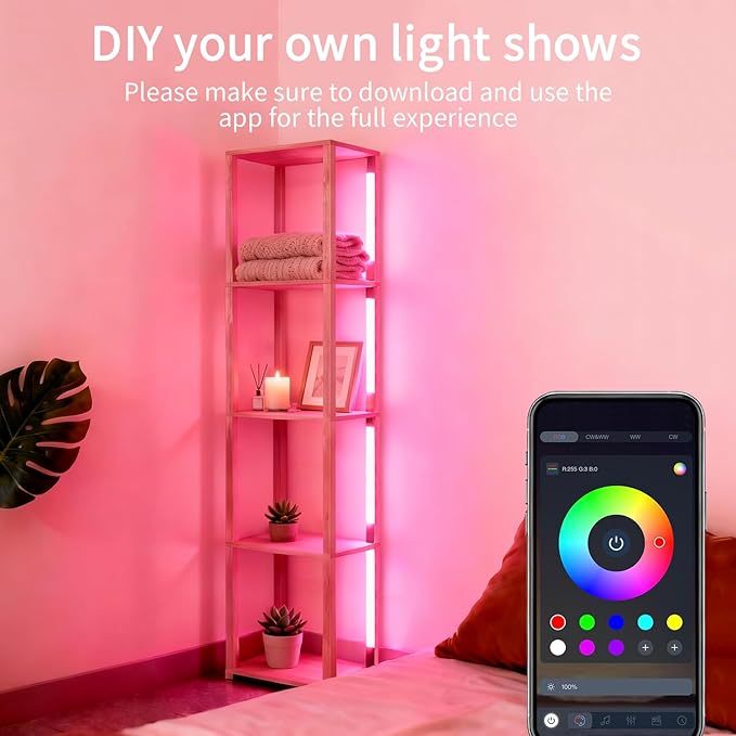 RGBCW Floor Lamp with Shelves, Smart Modern Floor Lamp with Music Sync, LED Color Changing Corner Display Shelf Lamp, Tall Lamps for Living Room and Bedroom, Bookshelf Lamp