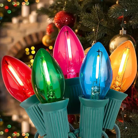 Couah C7 Christmas LED String Lights, 25Ft C7 Vintage Clear Multicolor Lights with 27 Colorful LED Bulbs (2 Spare) for Indoor Home Outdoor Backyard Wedding Party Christmas Decorations