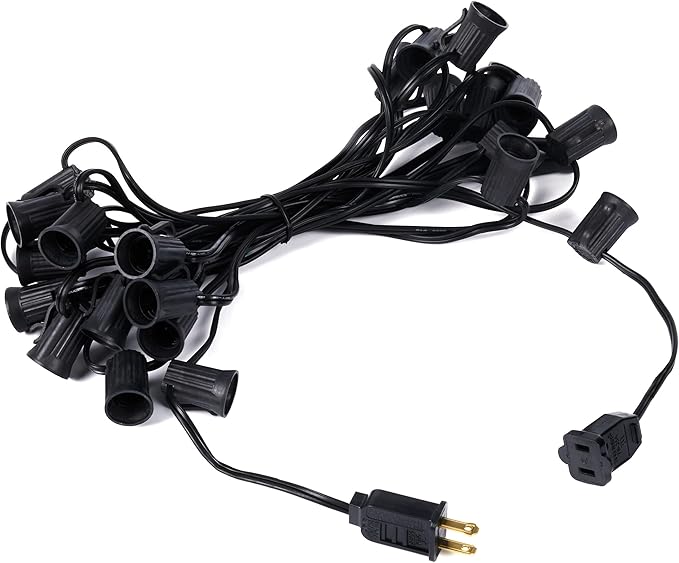 Brightown C9 Light Strand, 25FT Black Cord Outdoor String Lights Christmas Stringer with 12" Socket Spacing, C9/E17 Intermediate Base Indoor/Outdoor Stringer Set for Christmas Decor Patio