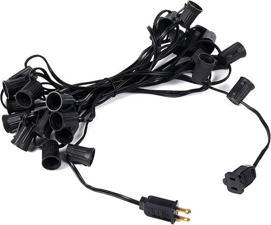 Brightown C9 Light Strand, 25FT Black Cord Outdoor String Lights Christmas Stringer with 12" Socket Spacing, C9/E17 Intermediate Base Indoor/Outdoor Stringer Set for Christmas Decor Patio