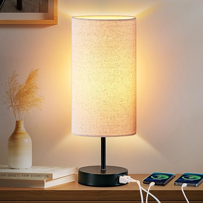 Touch Control Bedside Lamp with 2 USB Ports, 3-Way Dimmable Table lamp for Bedroom, Nightstand Lamp with Round Linen Fabric Shade for Living Room Home Office (E26 LED Bulb Included)
