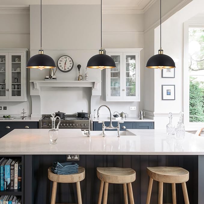 10“ Industrial Black Gold Pendant Lights Vintage Mini Dome Pendant Light Fixtures with Golden Finish Rustic Farmhouse Black Pendant Lights for Kitchen Island, Dining Room, Bedroom (Set of 3)