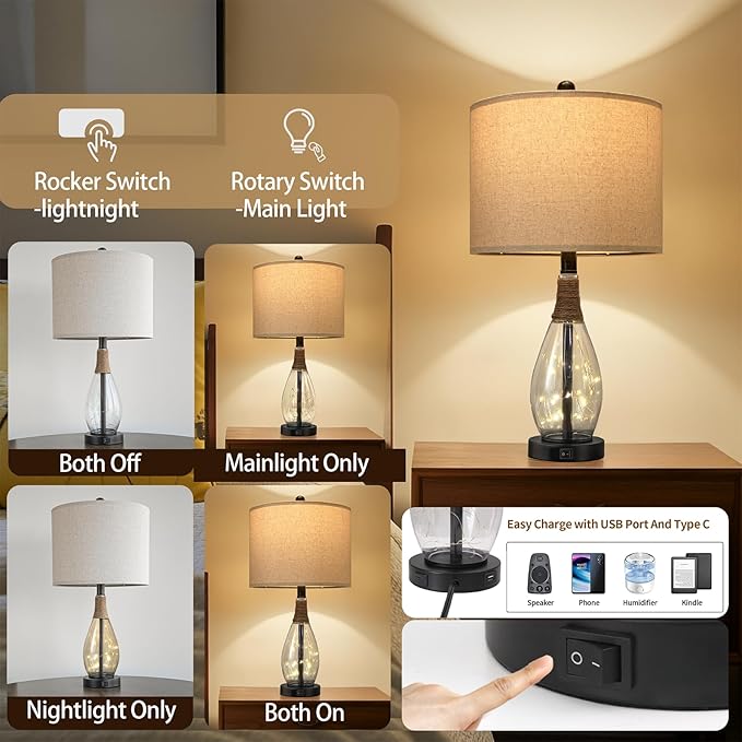 OYEARS 23" Farmhouse Table Lamps for Living Room – Set of 2 Boho Rattan Bedside Lamps with USB-C & USB-A Ports, Glass Nightlight, Dual Light Sources, Black