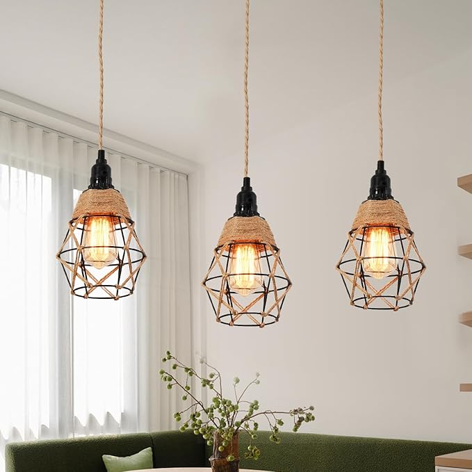 3 Light Hemp Rope Plug in Pendant Light Rattan Hanging Lights with Plug in Cord with Woven Lamp Shade, Hanging Lights with Plug in Cord Hemp Rope Hanging Lamp