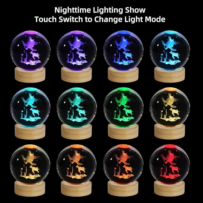 3D Sea Turtles Crystal Ball Night Light, Upgraded 3.15 Inch Glass Ball Lamp with 16 Color LED Wooden Base, Sea Turtles Decor Birthday Holiday Christmas Gifts for Boys Girls Friends