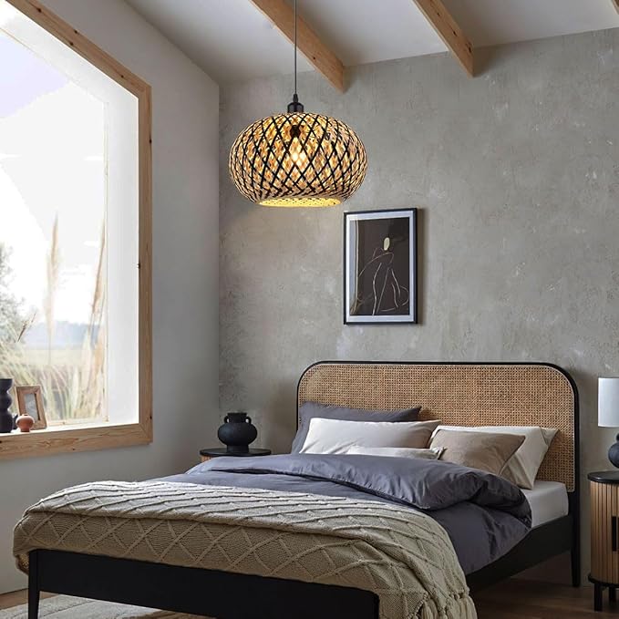 Island Pendant Light Black Natural Hand-Woven Bamboo Pendant Lights 1-Light Boho Light Fixtures Farmhouse Rustic Hanging Lamp for Living Room Dining Room Bedroom