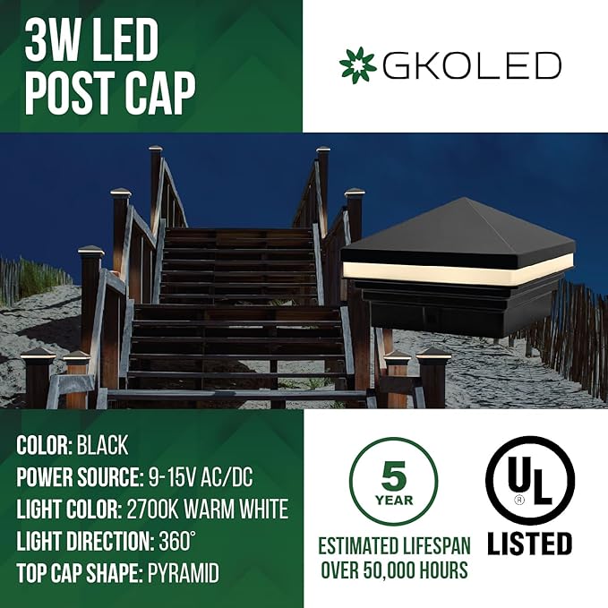 GKOLED Low Voltage Pyramid Post Cap Light, 9-15V AC/DC 3W IP65 Outdoor Deck Lighting, 2700K LED Fence Cap Light for 3.5x3.5 4x4 Wood or Vinyl Posts, Solid Die-cast Aluminum Top, Black