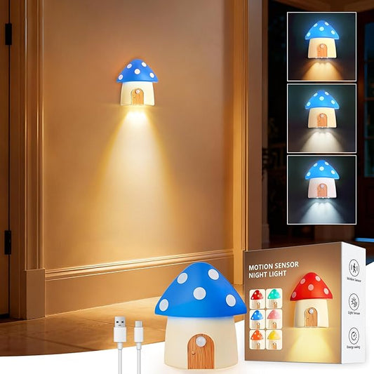 Rechargeable Motion Sensor Light, Mushroom Dimmable LED Night Lights Indoor, Magnetic Battery Night Light with 3 Color Temperatures for Adults Kids Hallway, Bedroom, Kitchen, Stairs, Blue