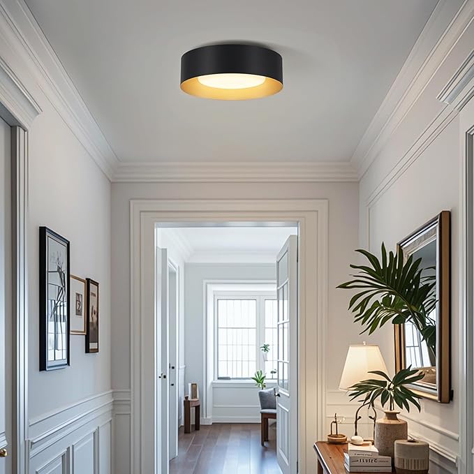 Modern Flush Mount Ceiling Lights,Minimalist 12.5IN Round Close to Ceiling Light Fixture,Black and Gold Metal Ceiling Lighting Lamp for Entryway,Hallway,Kitchen,Bedroom