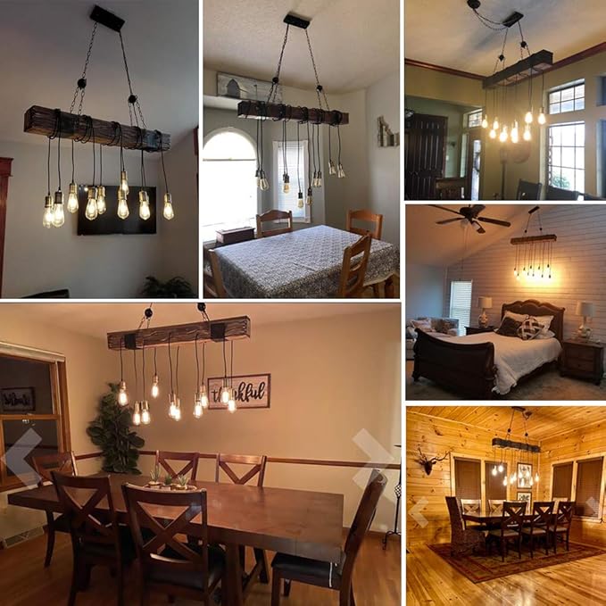 Rustic Farmhouse Chandeliers for Dining Room & Kitchen Island 10-Light Adjustable Wooden Pendant Lighting 43.3" Retro Ceiling Hanging Light for Bar & Pool Table