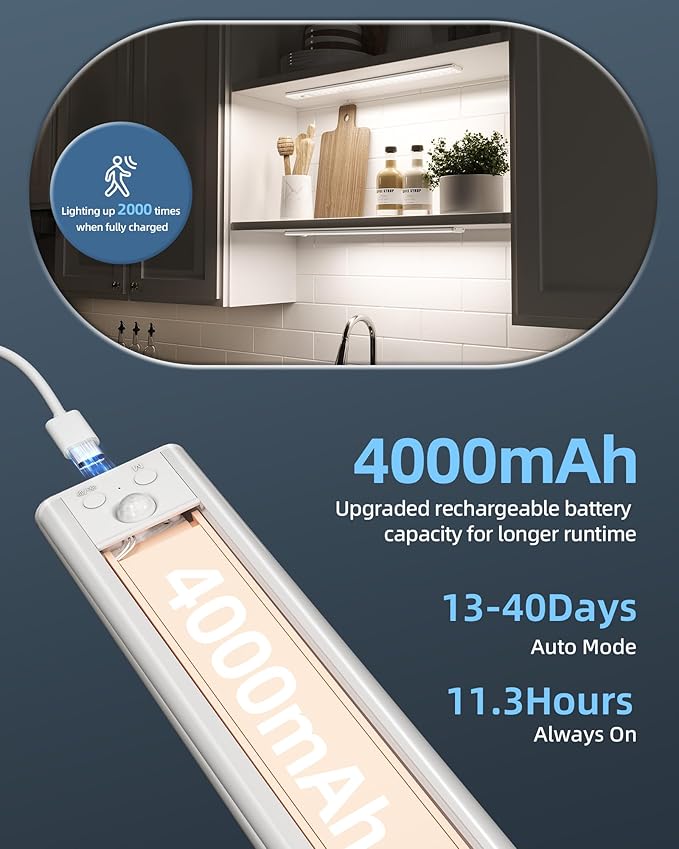17" Under Cabinet Lights, Motion Sensor Light, Wireless Closet Lights, 3 Color Temps, 4000mAh Rechargeable, Magnetic, Dimmable, 128 LEDs Super Bright Under Counter Lights for Kitchen (2 Pack)