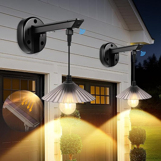 Solar Barn Lights Outdoor, Dusk to Dawn Outdoor Wall Sconces, 3 Lighting Modes with Motion Sensor, Waterproof Farmhouse Wall Mount exterior wall light for Porch, Garage, Patio (2 Pack, Smoky Gray)