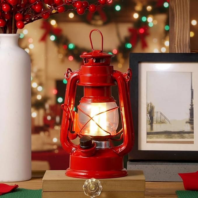Hortsun 8 Pcs 8 Inch Vintage LED Hurricane Lantern Metal Red Outdoor Battery Operated Hanging Lantern with Warm LEDs and Dimmer Switch for Halloween Christmas Indoor Rustic Farmhouse Camping Decor