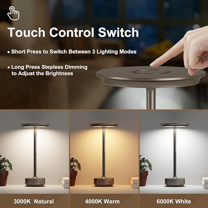 Rechargeable Cordless Table Lamps,Portable 5000mAh LED Table Light, 3 Color Stepless Dimming Battery Powered Metal Table Lamp for Outdoor/Patio/Restaurant/Camping.(Cafe)