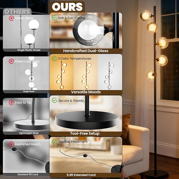 Mid Century Modern Floor Lamp, 5-Light Glass Globe Tall Standing Tree Lamp, Smoked Double-Glass Shades, 3 Color Temp G9 Bulbs Included, 1800LM Bright Corner Light for Living Room, Bedroom