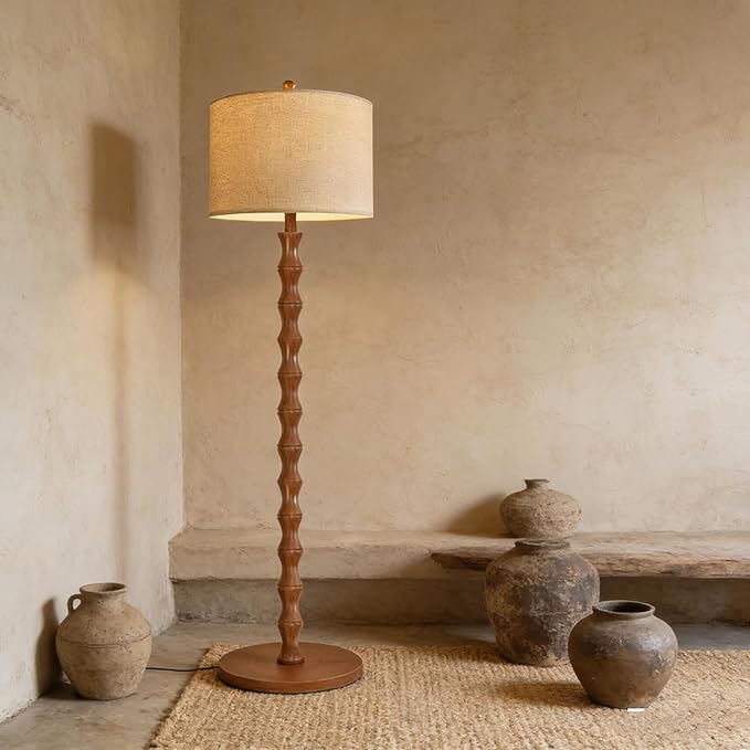 Vintage Floor Lamp for Living Room,Bedroom,Farmhouse Mid Century Standing Lamp with Remote,Dimmable Rustic Industrial Wood Tall Lamp Retro Floor Light Boho Bohemian