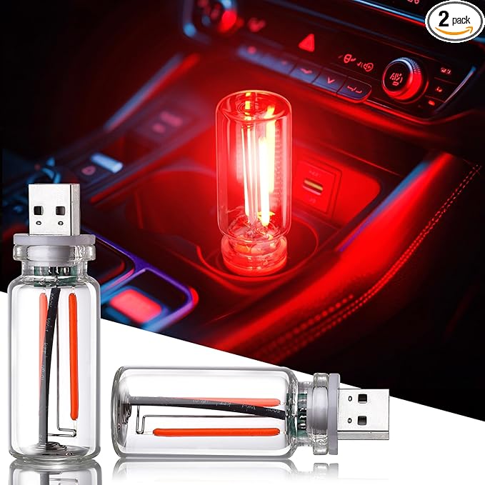2PCS Car USB Night Light Touch Dimmable LED Filament Lamp, Mini Glass Bottle USB Night Light, Plug-in Ambient Lights Retro Car Atmosphere Lamp for Vehicle Bedroom Hallway Camping Holiday Decor, Red