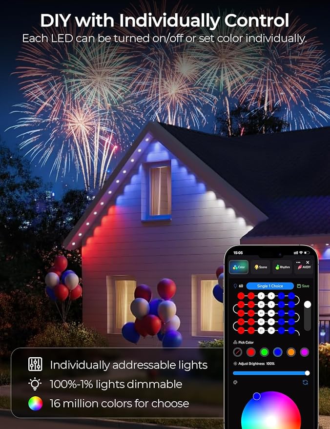 Smart Permanent Outdoor Lights Pro, 150ft 90LED RGB+IC+Warm/Cool White for Daily, 100+ Scene Modes, Waterproof Eaves Light for Halloween Christmas Decor, Works with Alexa, Google Assistant