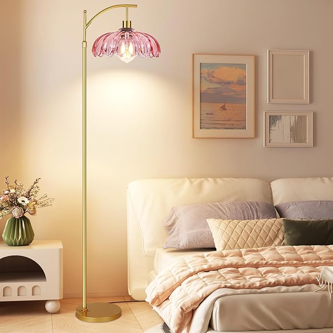 Pink Floor Lamp for Living Room,Bedroom,Glass Mid Century Modern Standing Lamp with Remote,Dimmable Gold Tall Lamp Vintage Arc Floor Lamps Flower Girls Kids Light Boho Bohemian