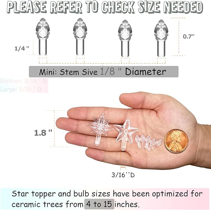 Clear White Replacement Lights Bulbs for Ceramic Christmas Tree, Mini Flame Light Ornaments for Ceramic Tree, Small Twist Pegs Accessories for Crafts, 2 Stars Treetopper＆177 Bulbs Set