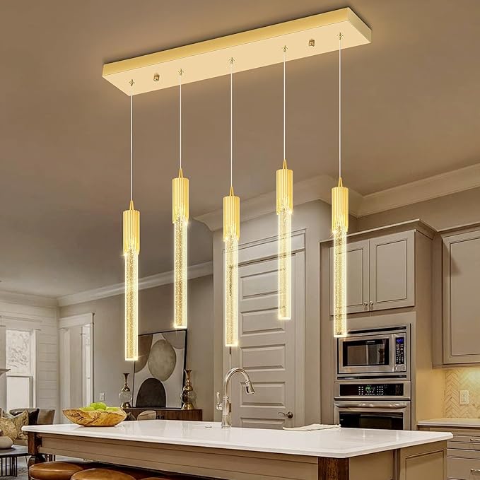 Flashing God 5-Lights Rectangular Pendant Lights for Kitchen Island Gold Linear Crystal Chandelier Modern Chandeliers for Kitchen Island Dining Room
