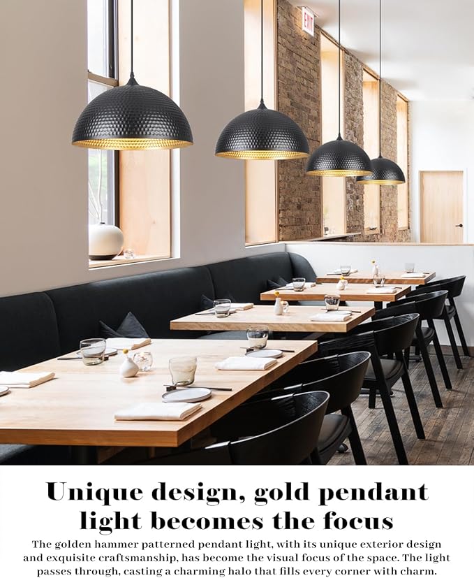 16 inch Black and Gold Pendant Light 1 Pack, Hammered Large Industrial Pendant Lights Kitchen Island, Black Dome Pendant Light for Kitchen Island, Dining Room, Bar