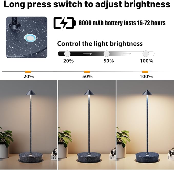 2Pack Rechargeable Cordless Table Lamp, Portable Powered LED Battery 6000mAh Metal USB Desk Lamp, 3 Levels Brightness Light for Restaurants Outdoor (2pack Blue White)