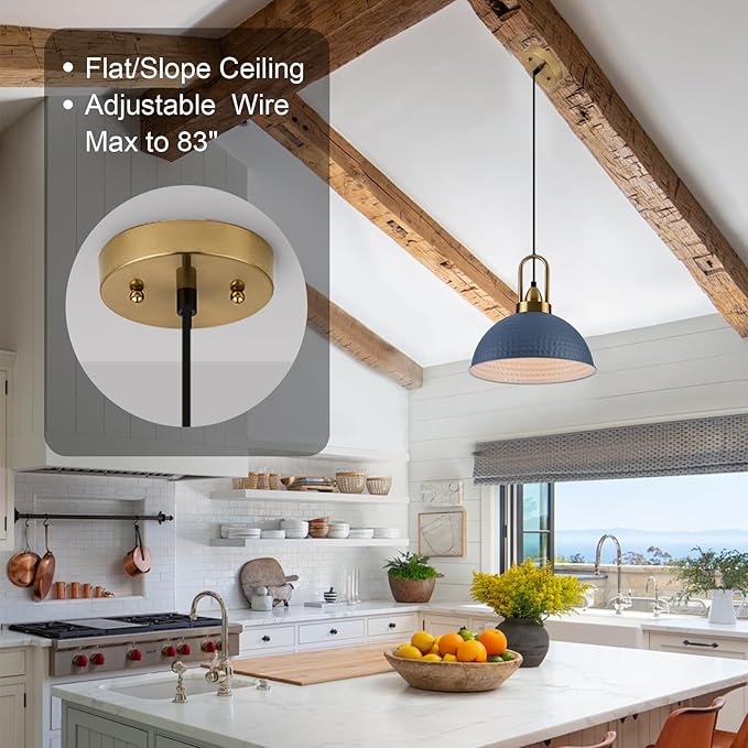 Blue Pendant Lights Kitchen Island Industrial Adjustable Height Vintage Dome Hanging Light Fixtures for Barn, Dining Room 3 Packs