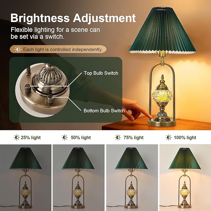 beaysyty Vintage Mosaic Table Lamp Set of 2, 25.2 Inch Decorative Bedside Lamps with Pleated Shade, USB Charging Ports, Colored Glass Globe Night Light, Bronze Gold Finish and Green lampshade