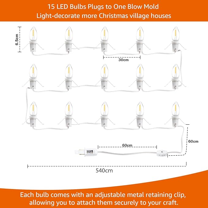 C7 Accessory Cord with 15 LED Light Bulbs and Outlet Christmas Village Light 17.7 FT with Spare Fuse Warm White Lamp for Christmas Village Houses Pumpkin Lamp Holiday Decor