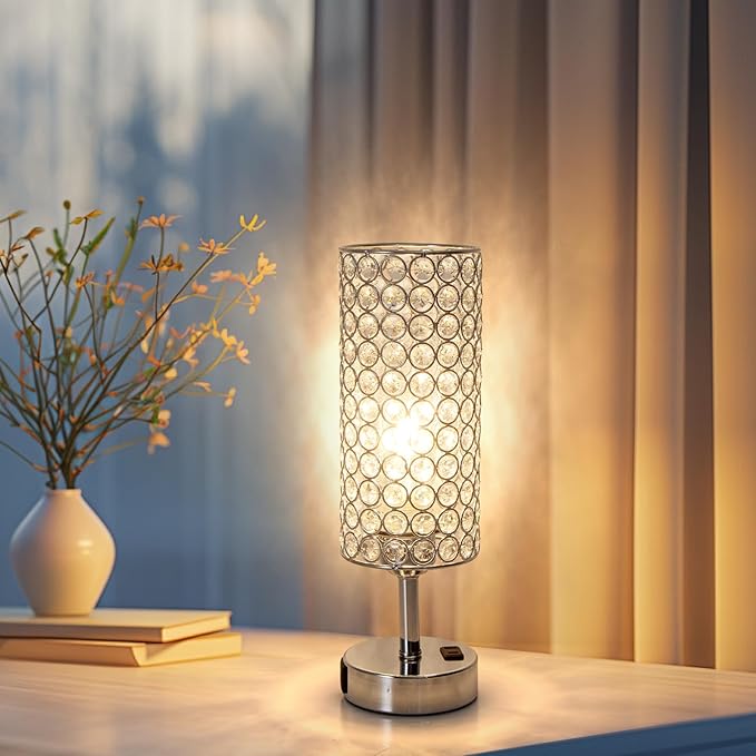 Crystal Table Lamp Touch Table Light Chrome Dimmable USB Charging Modern Bedside Lamps for Bedroom Night Stands Living Room (Bulb Included)