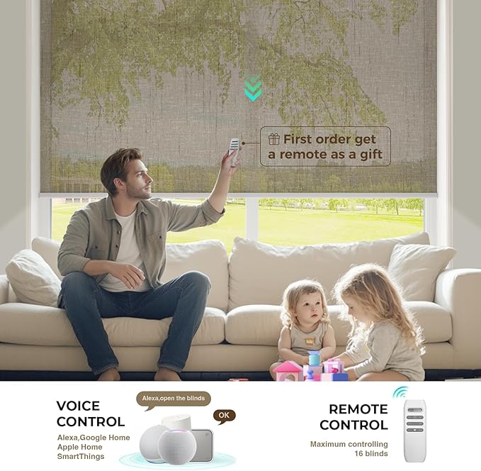 HeyBlinds Motorized Roller Shades, Smart Blinds for Windows, Remote Automatic Window Shades, Electric Shades, Light Filtering, Compatible with Alexa Google Apple Home (Starry-Cappuccino LF)