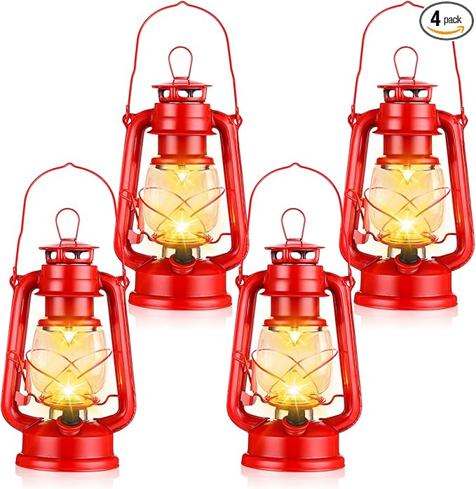 Riakrum 4 Pcs Vintage LED Hurricane Lanterns 9.5 Inch Warm White Old Hurricane Lamps Battery Operated Hanging Lanterns with Dimmer Switch for Indoor Table Centerpieces Outdoor(Red)