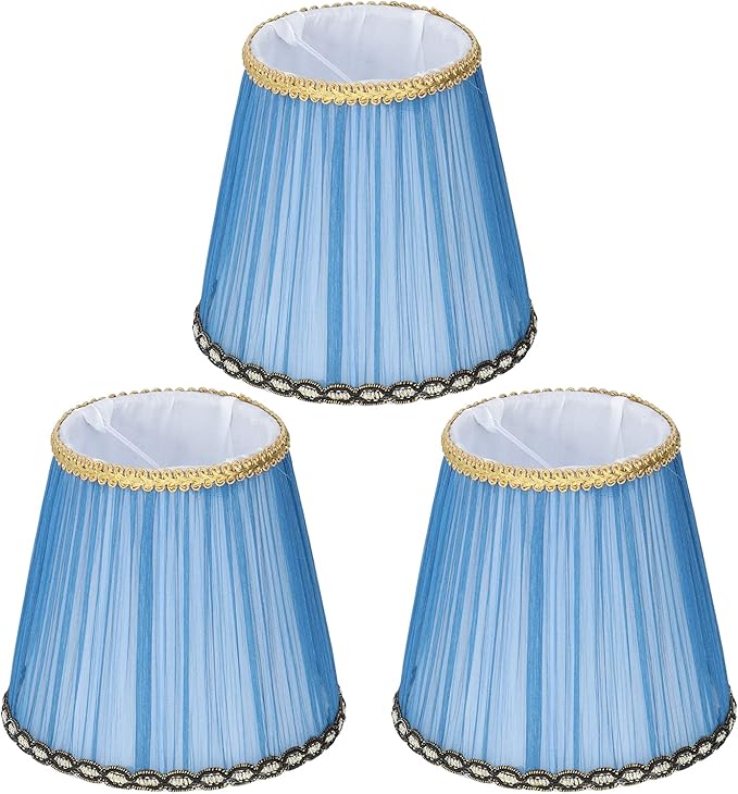 3Pcs Small Lamp Shade, Clip on Pleated Barrel Lampshade with Gold Trim Fabric Lampshade for Table Chandeliers Wall Floor Lamp, 3.9" Top x 5.3" Bottom x 4.9" Height (Blue)