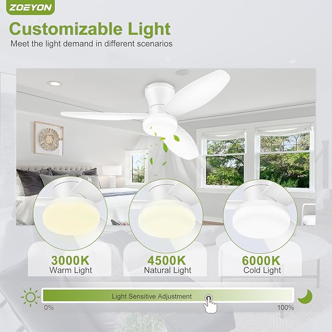 Small Ceiling Fan with Light - 42 Inch Flush Mount Ceiling Fan with Lights and Remote, Low Profile Ceiling Fans with 3 Reversible Blades, 6 Wind Speeds, White Ceiling Fans for Bedroom