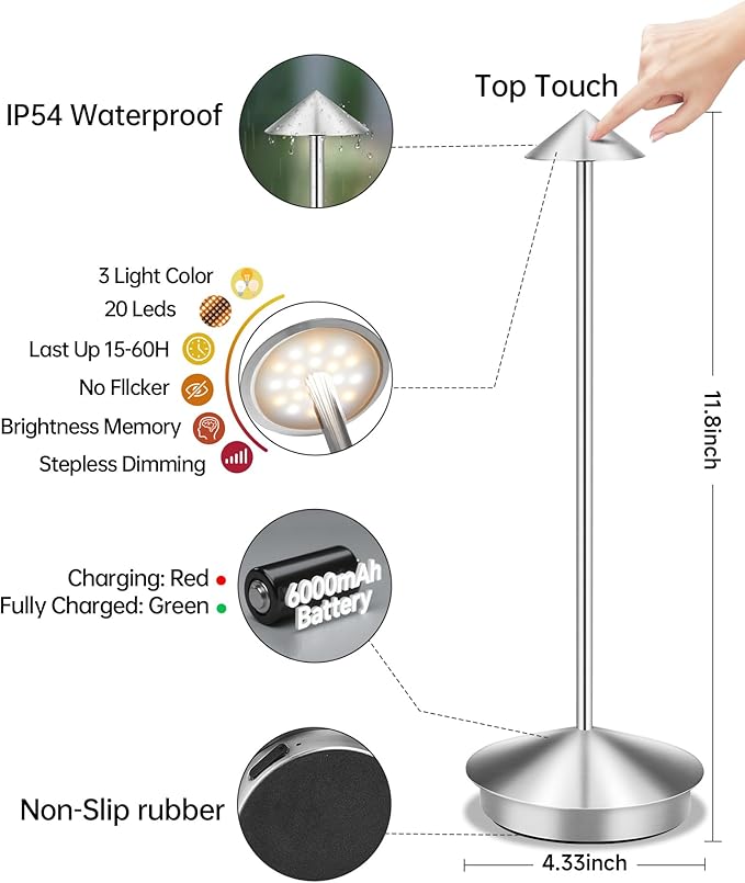 Portable Led Cordless Lamp Table Light 2 Pack, Rechargeable 6000mAh Battery Outdoor Table Lamp for Dinning Restaurant Patio Bedroom Camping, IP54 Waterproof, Dimmable