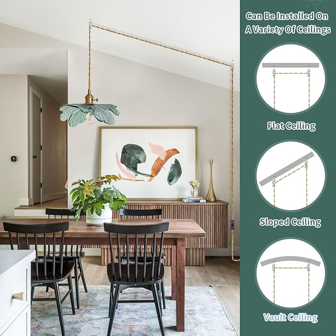 plug in Hanging light, Modern brass Pendant Light Dark green Glass Shade 14.75ft Hanging Light with Plug in Cord Large glass pendant light Plug in Pendant Lighting for Kitchen Living Dining Room