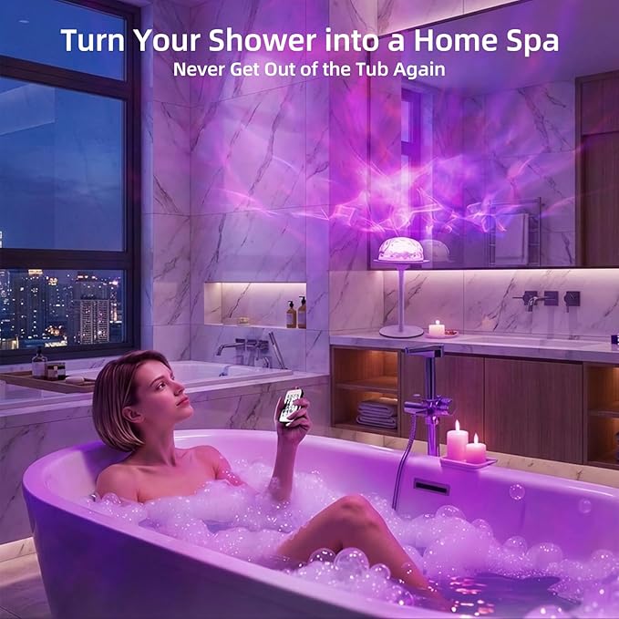 2 Pack Waterproof Shower Lamp, Spa-Like Cordless Shower Light, 18-Colour LED Ocean Wave Projector Lights, Rechargeable Shower Light with Remote and Touch Control for Bathroom, Bathtub