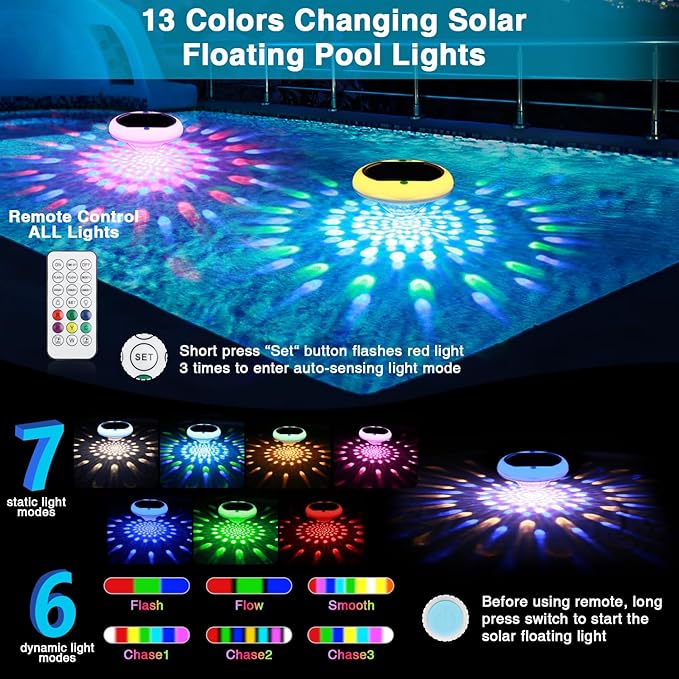Solar Floating Pool Lights(2 Pack), Rechargeable Pool Lights that Float with Remote, 6.7'' 2600mAh IP68 Waterproof Floating Light 13 Colors Upper and Lower Glow Solar Light for Pools