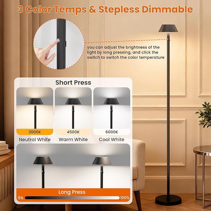 Cordless Floor Lamp Dimmable Rechargeable - Indoor/Outdoor Cordless Tall Standing Lamp with 3 Color Temps & Stepless Dimmable, Waterproof Outdoor Floor Lamp for Living Room, Bedroom, Patio