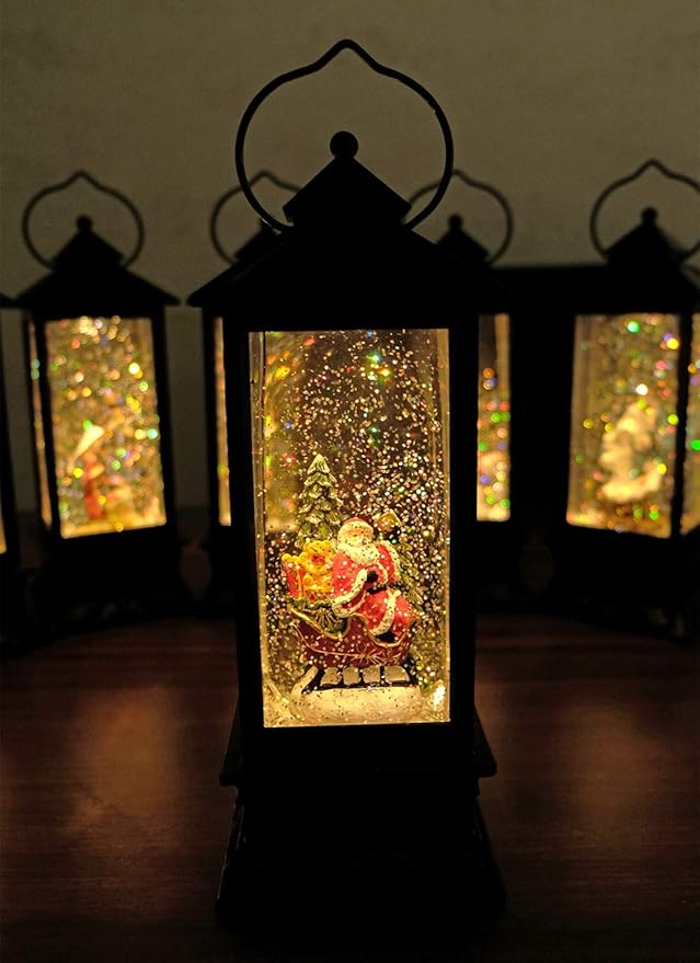 DRomance Santa Music Snow Globe Lantern with Timer Battery Operated & USB Powered Lighted Singing Snow Globe Lamp Spinning Water Swirling Glitters Christmas Decor 4" x 4" x 12"