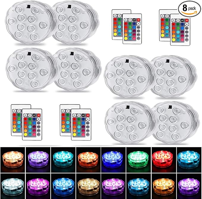 [8-Pack] Submersible Led Lights with Remotes,Kinhon Waterproof Submersible Lights Battery Operated,Underwater Pond Lights RGB Multi-Color Pool Lights for Founttain,Pond,Garden,Wedding,Shower